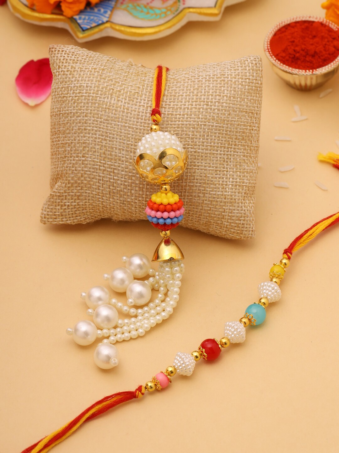 

VIRAASI Set Of 2 Pearl Beaded Bhaiya Bhabhi Rakhi Set, Red