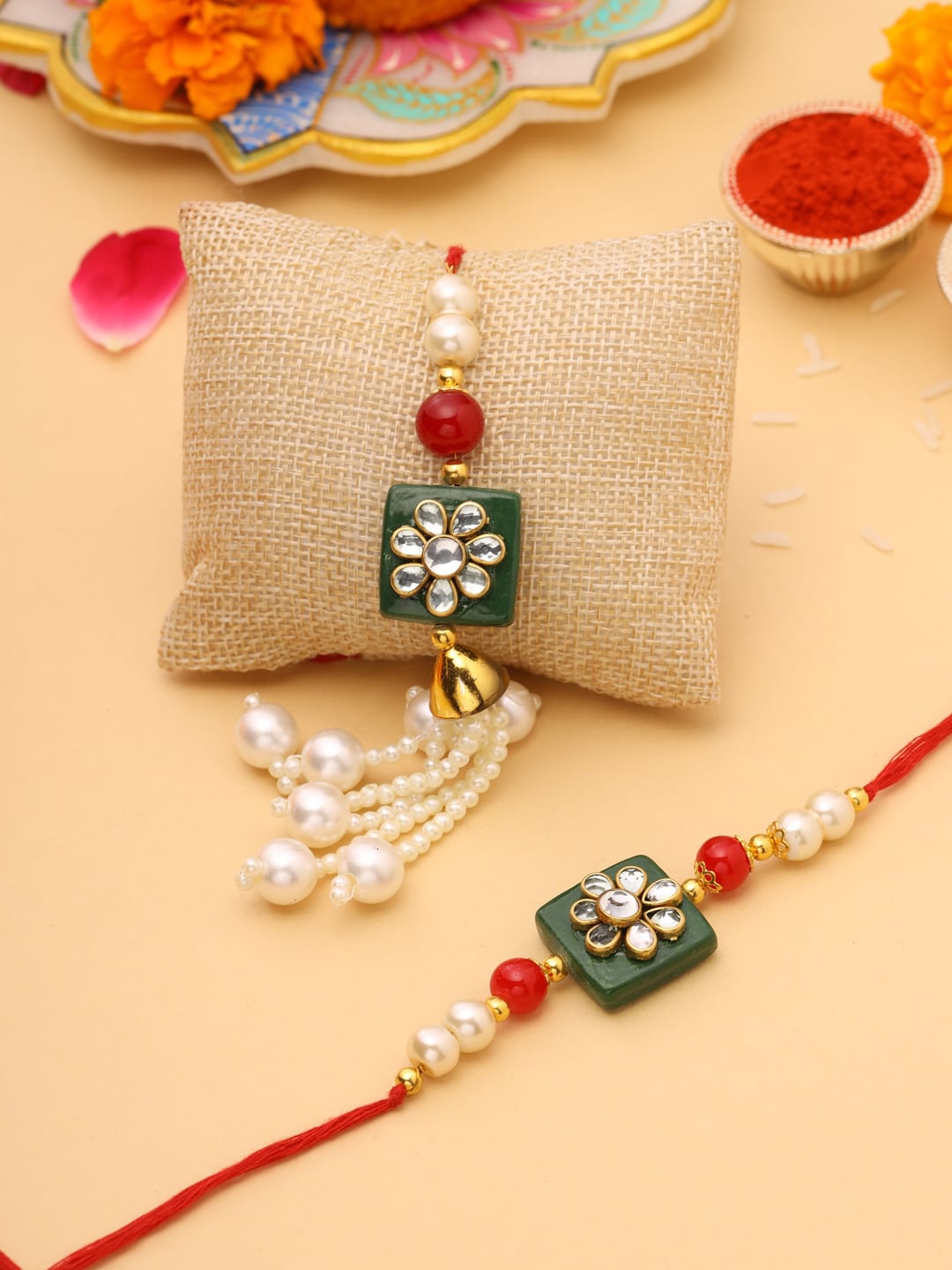 

VIRAASI Green & Red Meenakari Kundan Studded & Beaded Bhaiya Bhabhi Rakhi Set