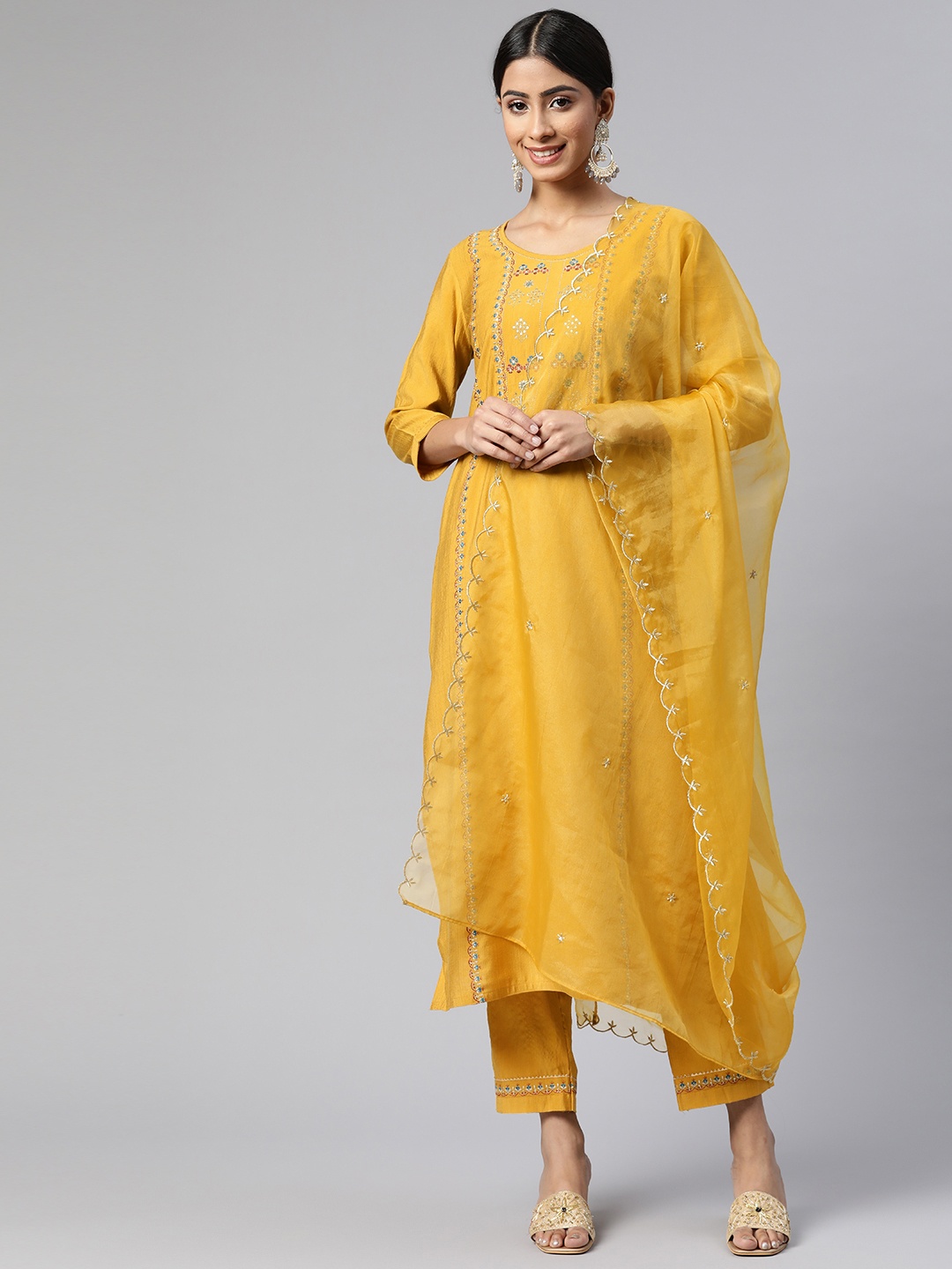 

SheWill Women Mustard Yellow Ethnic Motifs Embroidered Kurta with Trousers & Dupatta