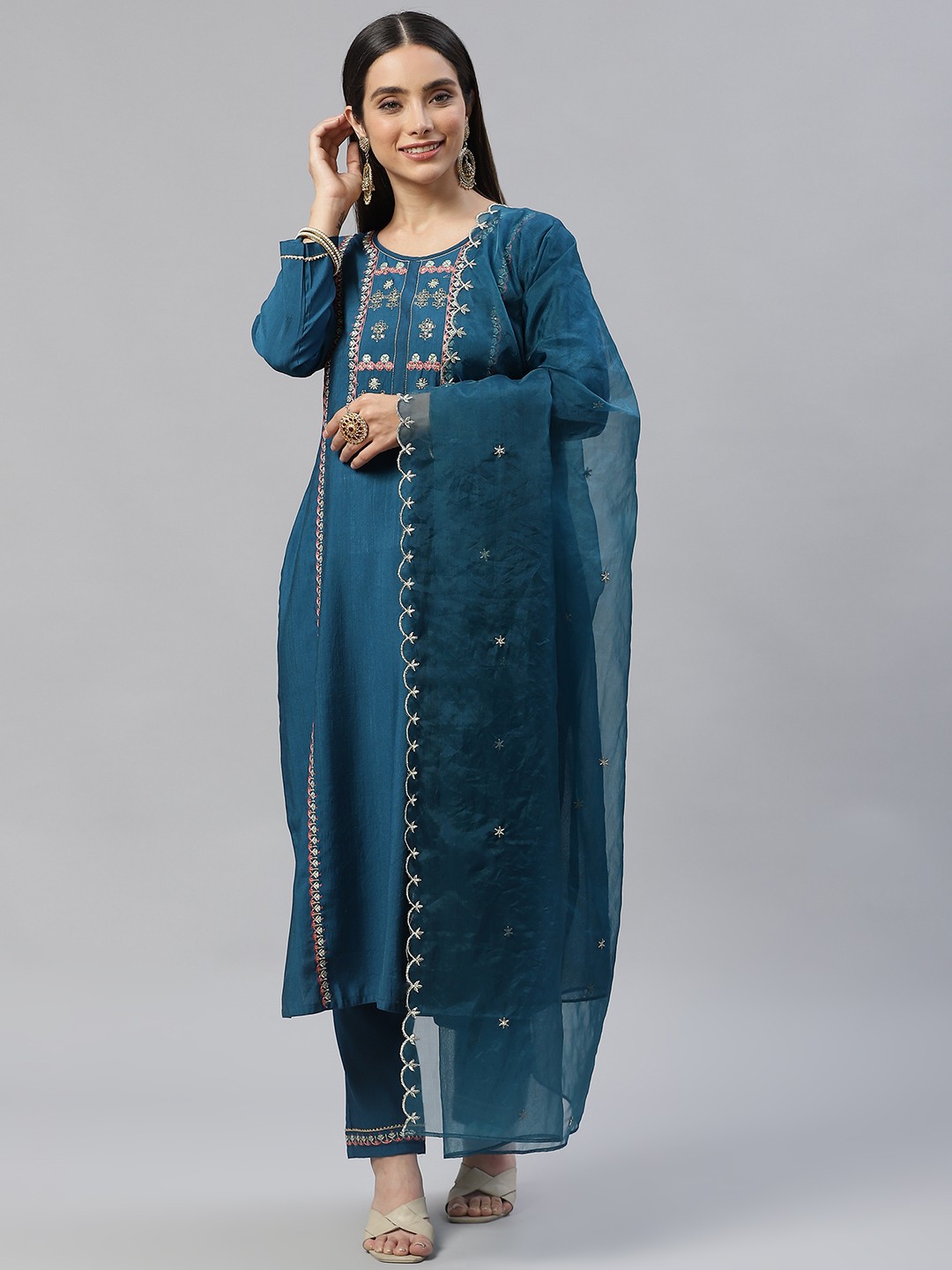 

SheWill Women Teal Blue Yoke Design Panelled Sequinned Kurta with Trousers & Dupatta