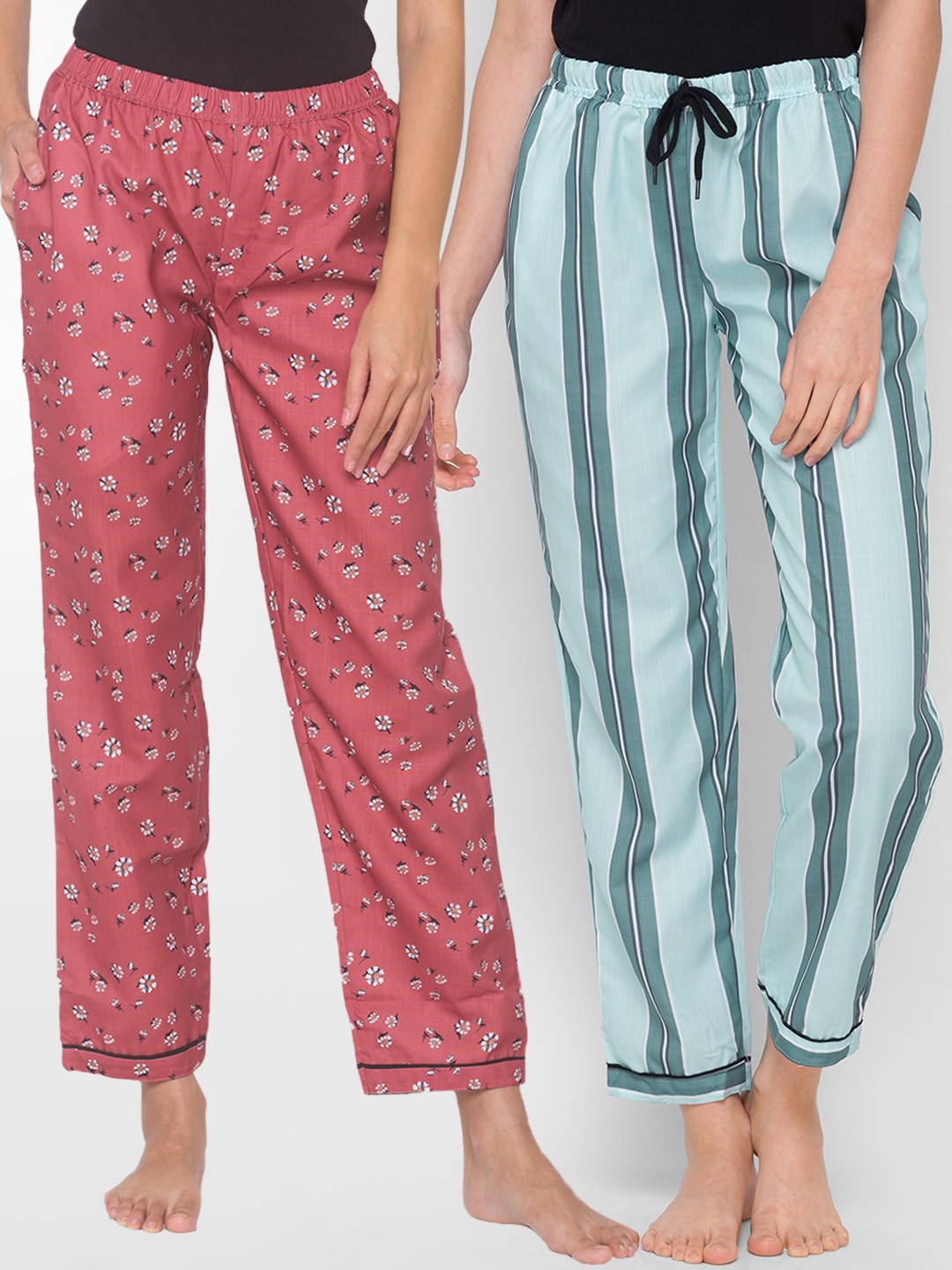 

FashionRack Women Pack of 2 Brown & Blue Printed Cotton Lounge Pants
