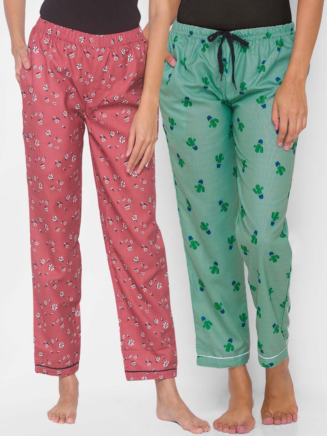 

FashionRack Women Set of 2 Pink & Green Printed Cotton Lounge Pants