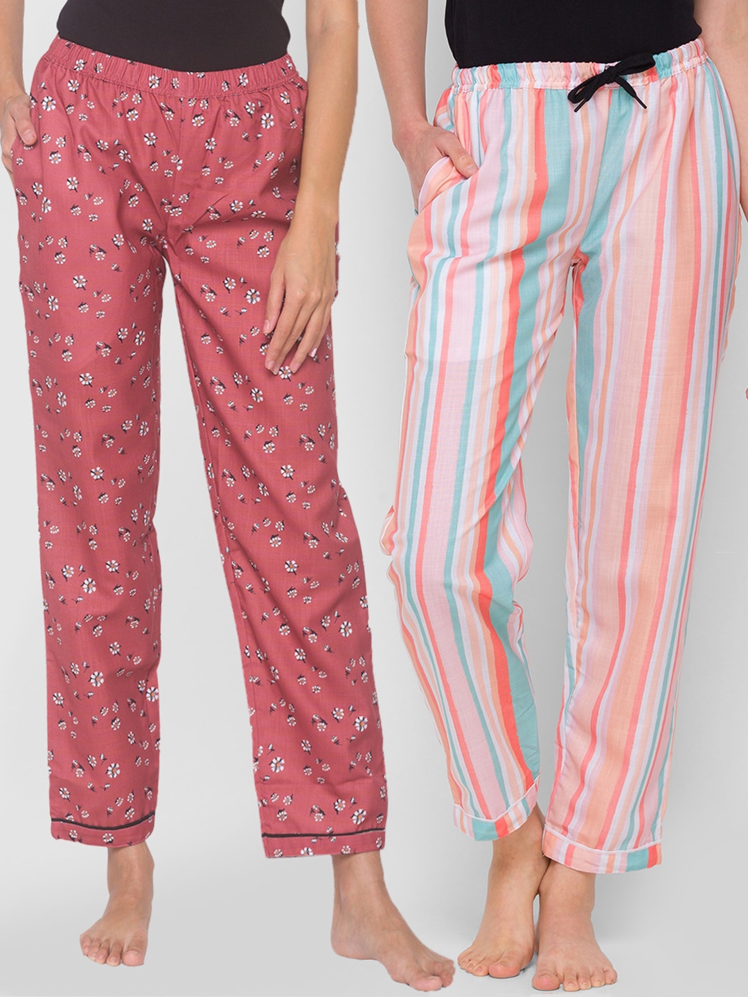 FashionRack Women Pack of 2 Peach Colored & Pink Printed Cotton Lounge Pants