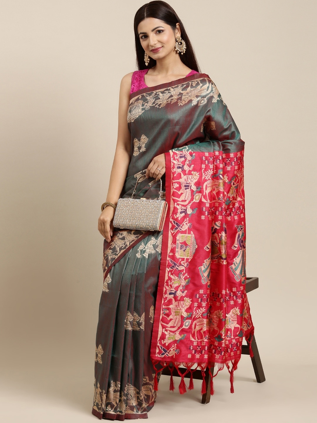 

Mitera Green & Pink Ethnic Motifs Silk Blend Saree