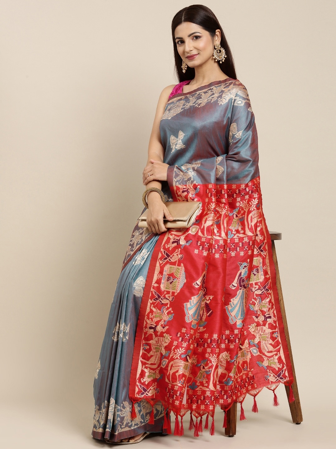 

Mitera Blue & Pink Ethnic Motifs Silk Blend Saree