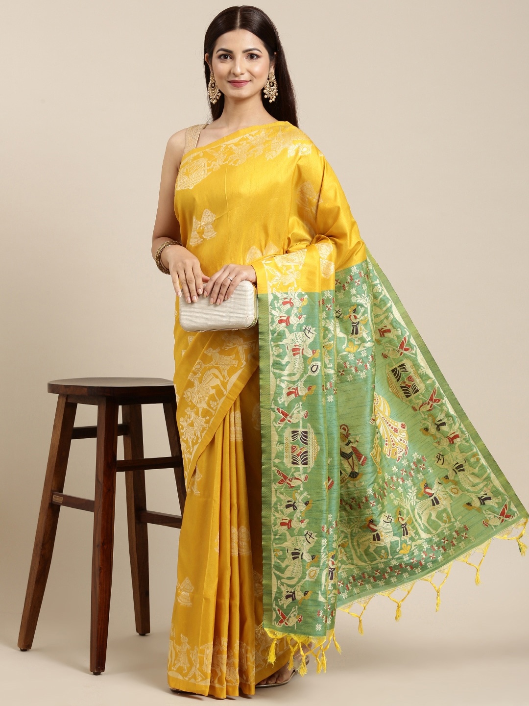 

Mitera Yellow & Green Ethnic Motifs Silk Blend Saree