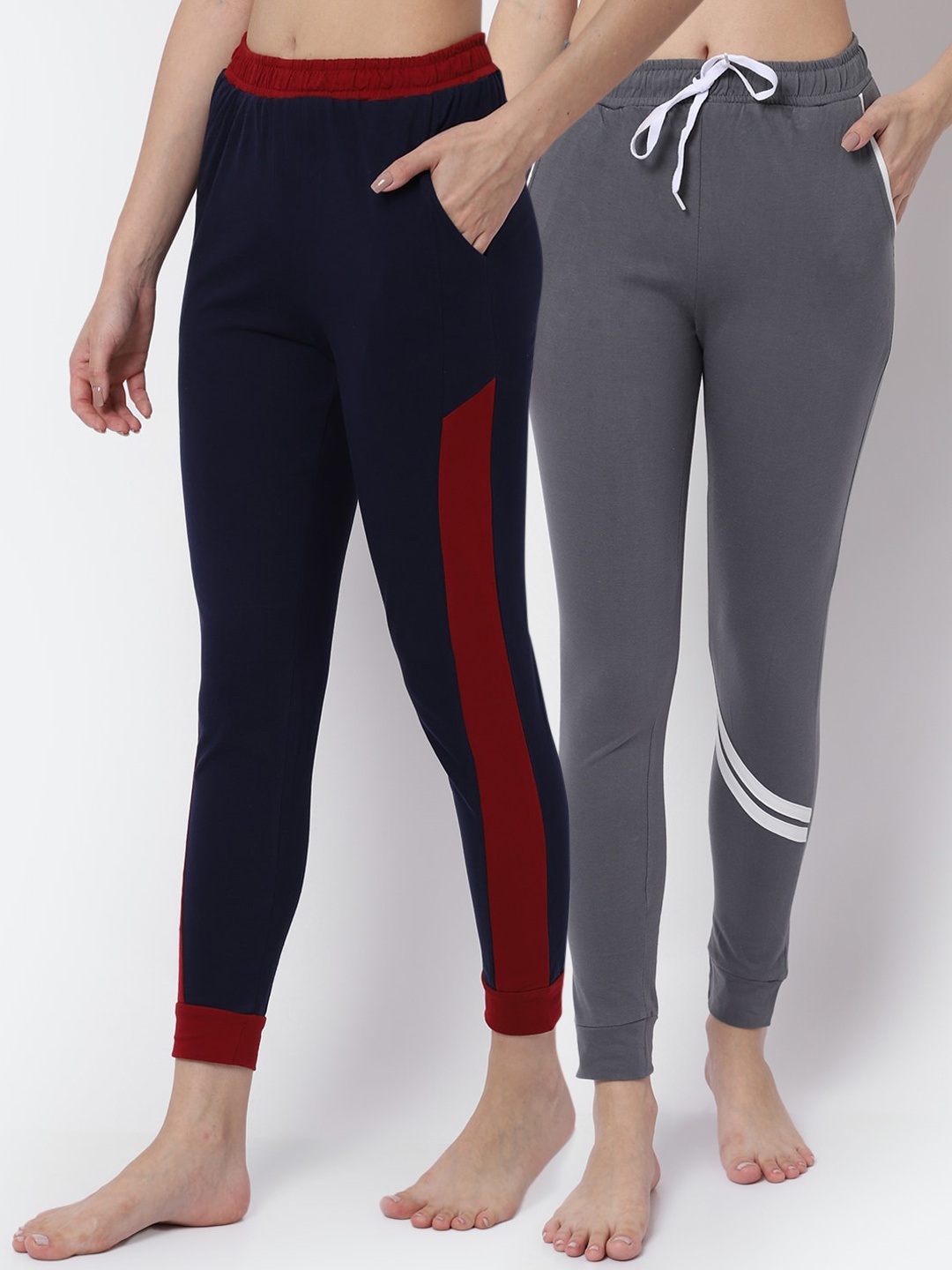 

Claura Women Pack Of 2 Colorblocked Cotton Lounge Pants, Navy blue