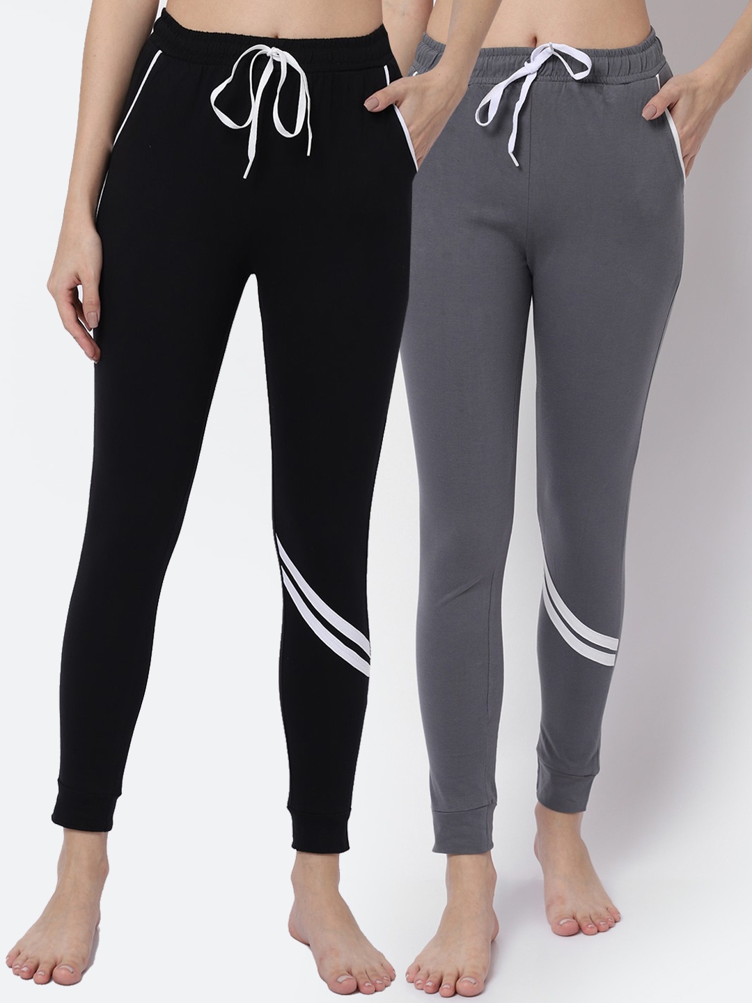 

Claura Women Pack Of 2 Grey & Black Solid Mid-Rise Cotton Lounge Pants