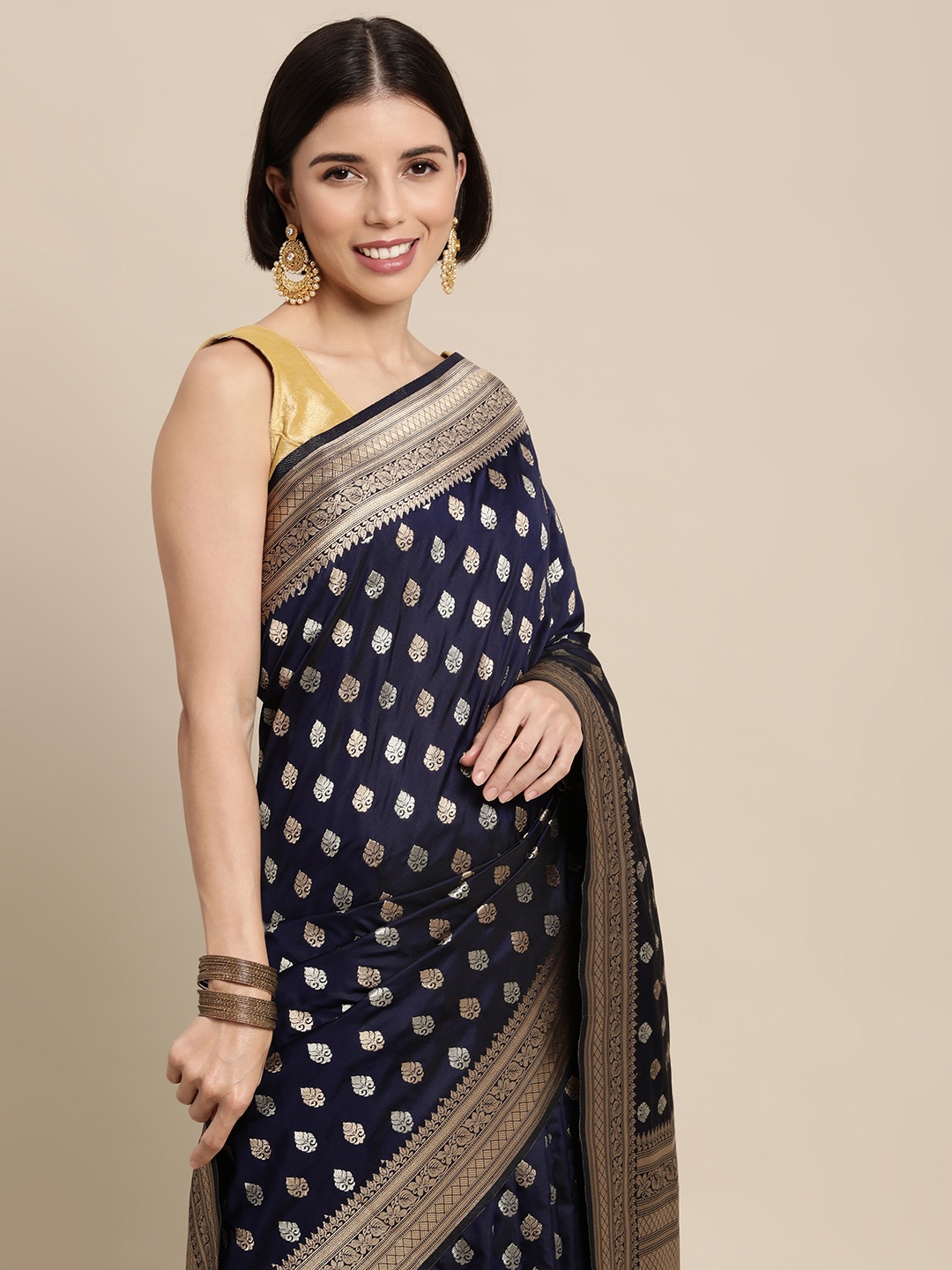 

Mitera Navy Blue & Gold-Toned Ethnic Motifs Zari Silk Blend Banarasi Saree