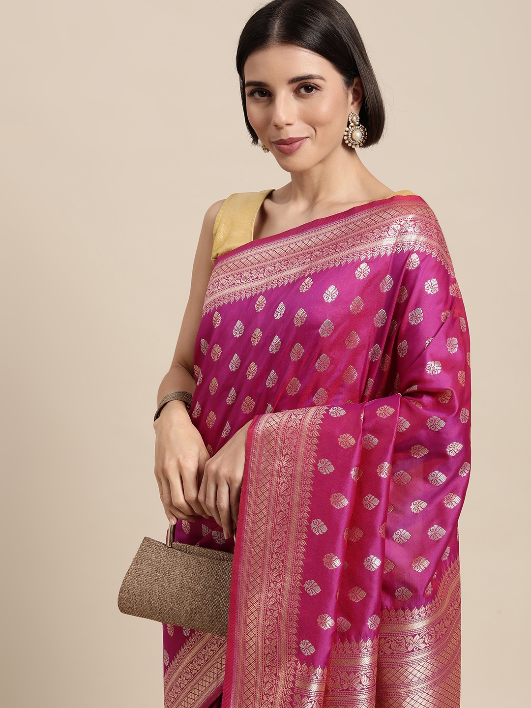 

Mitera Pink & Gold-Toned Ethnic Motifs Zari Silk Blend Banarasi Saree