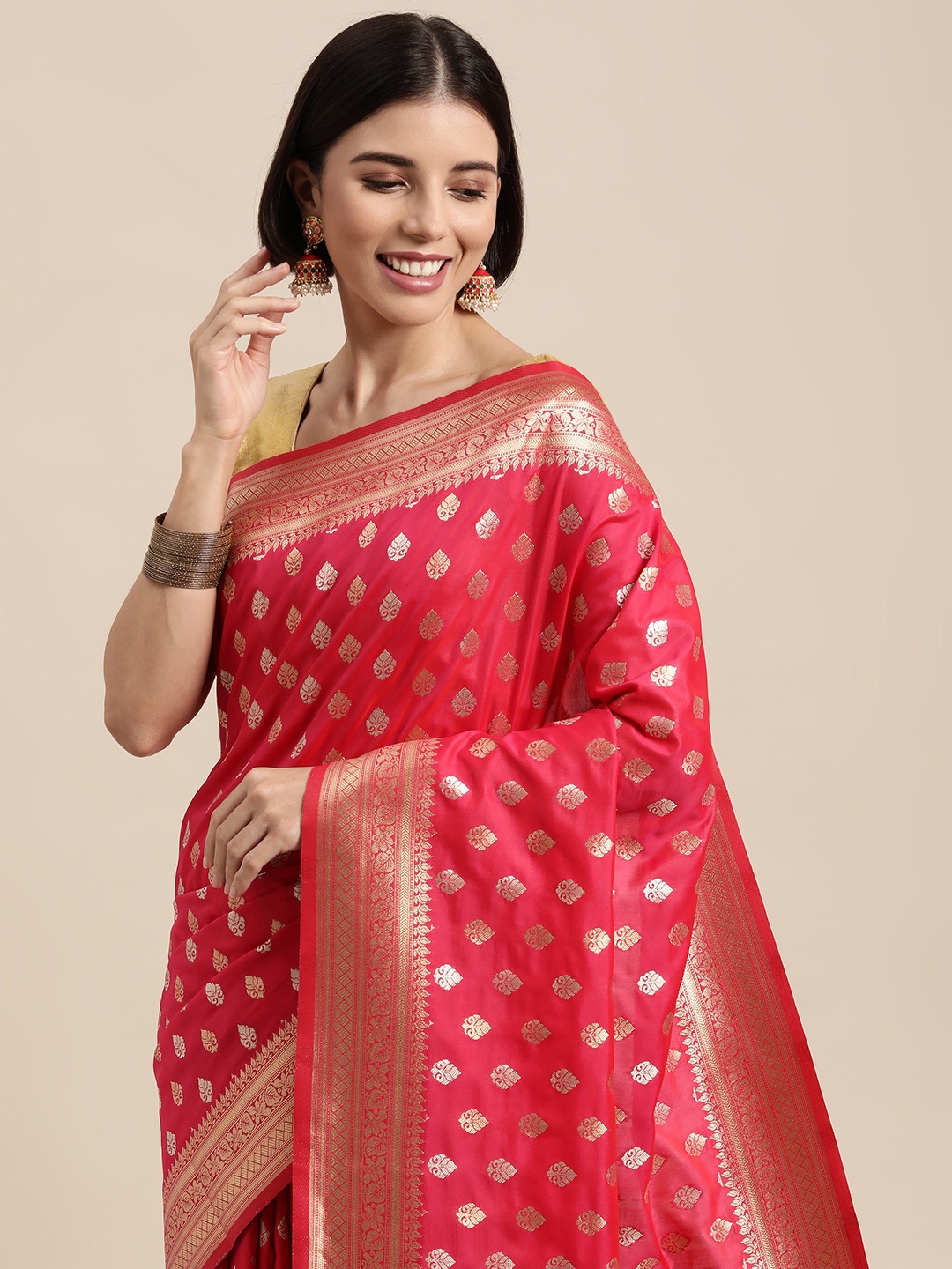 

Mitera Red & Gold-Toned Ethnic Motifs Zari Silk Blend Banarasi Saree