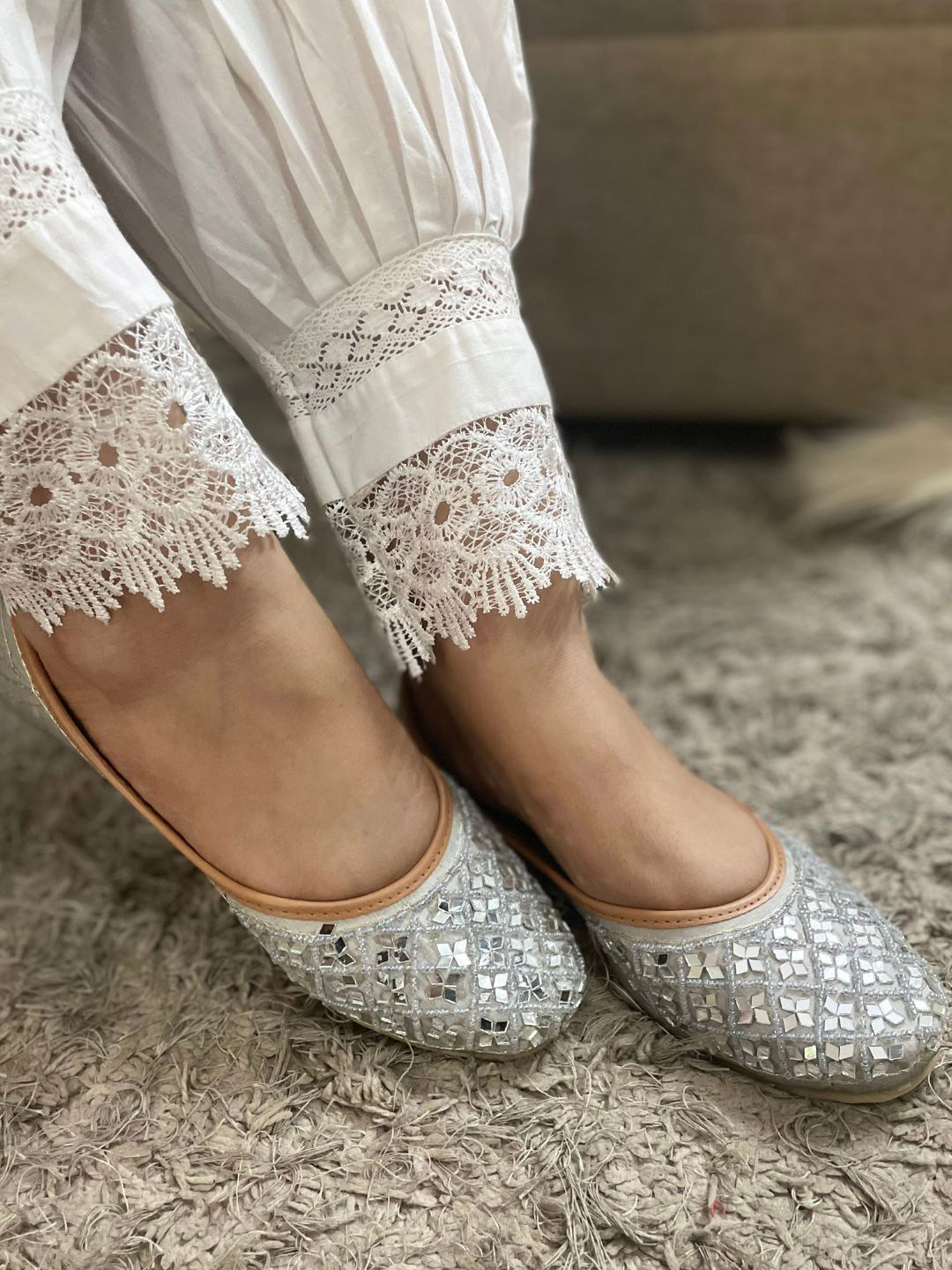 DESI COLOUR Women Grey Embellished Ethnic Mojaris Flats