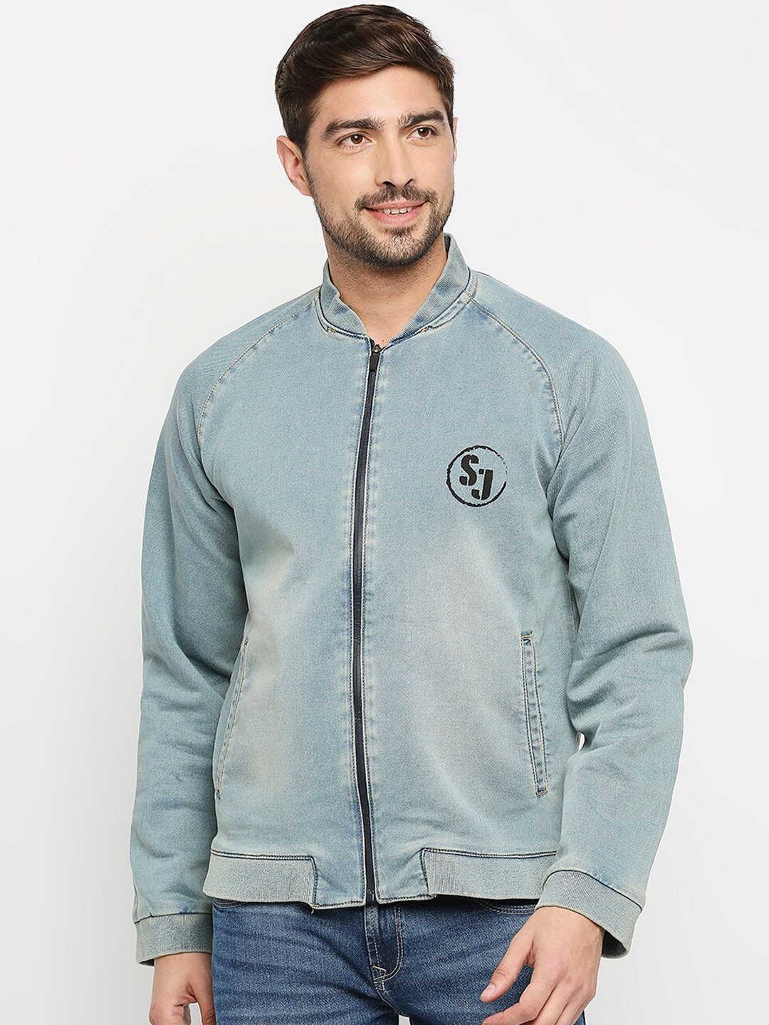 

SPYKAR Men Blue Bomber with Patchwork Jacket