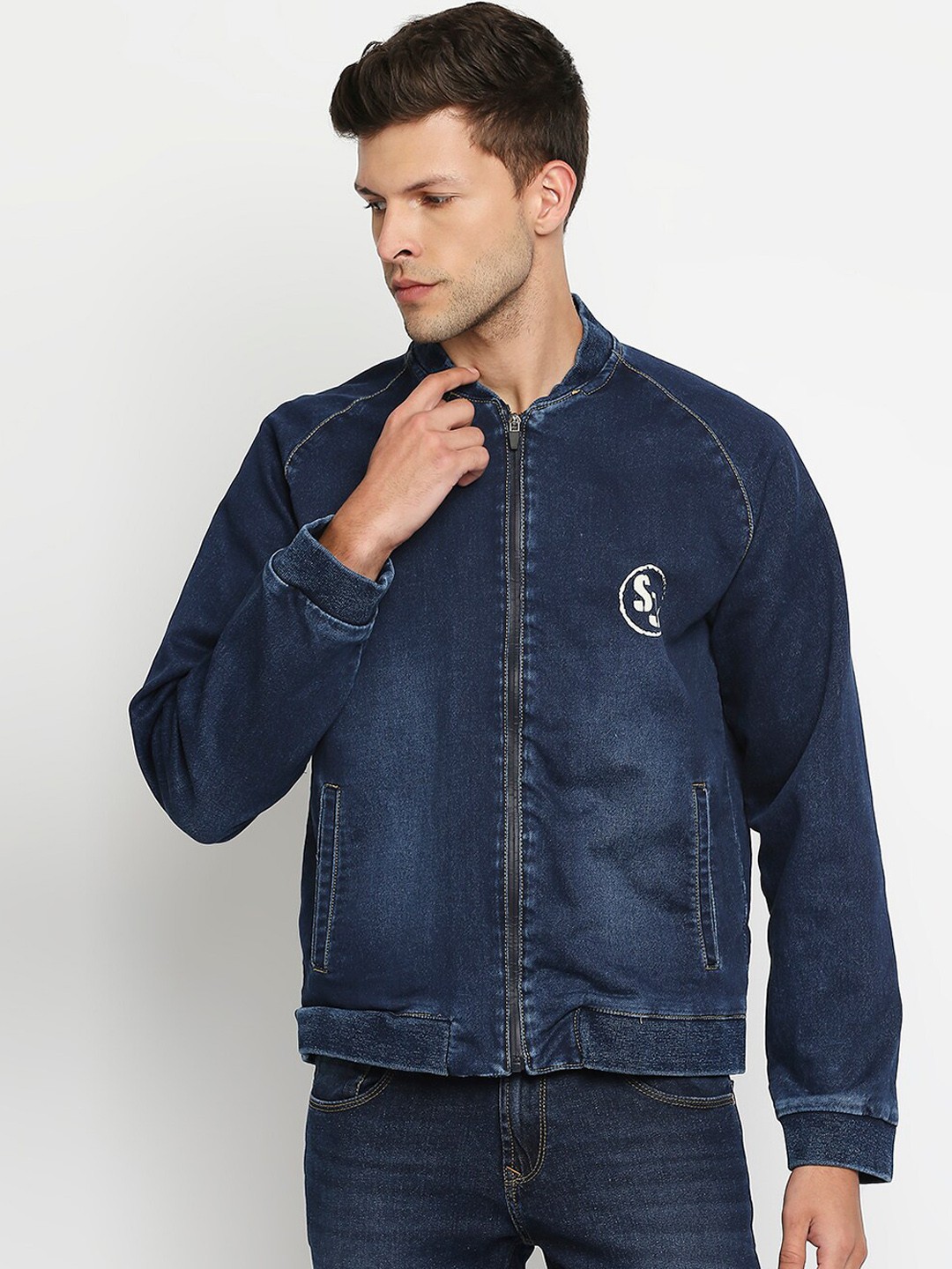 

SPYKAR Men Navy Blue Washed Crop Denim Jacket with Patchwork