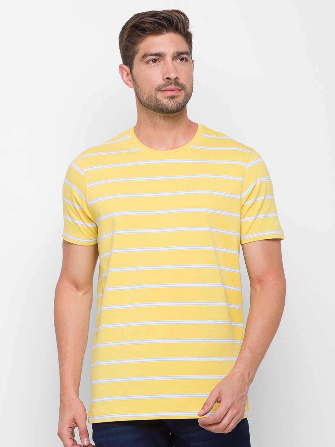 

SPYKAR Men Yellow Striped Slim Fit T-shirt