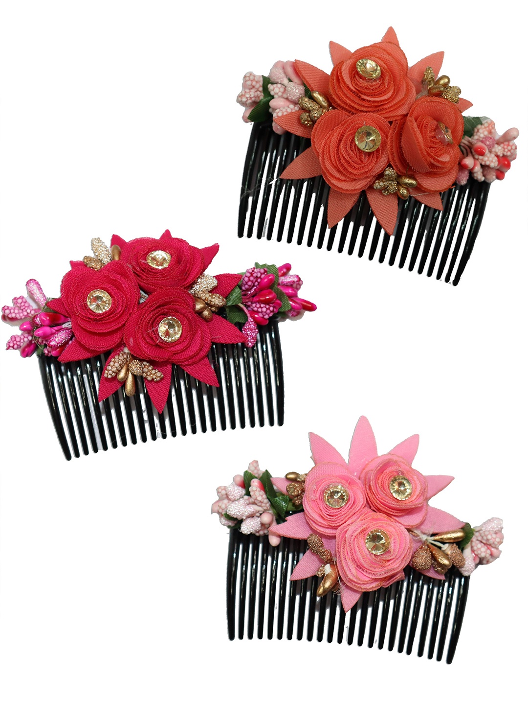 

VAGHBHATT Women Set of 3 Multicoloured Floral Embellished Comb Hair Pins, Multi