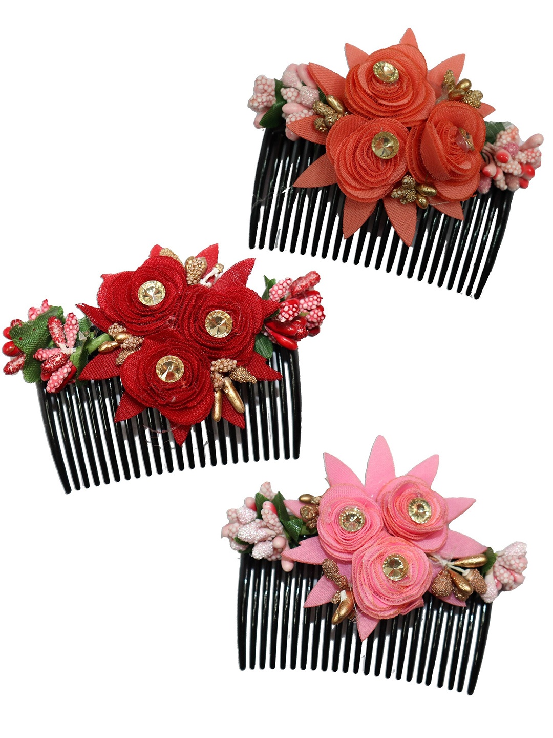 

VAGHBHATT Women Pack of 3 Black & Red Flower Comb Pin