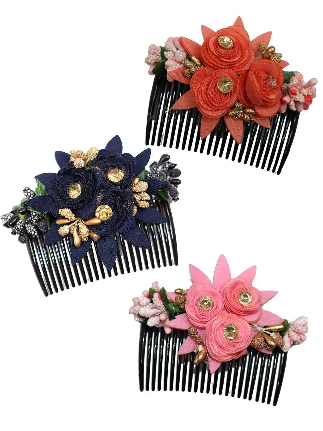 

VAGHBHATT Women Black & Pink Set of 3 Flower Design Comb Pin