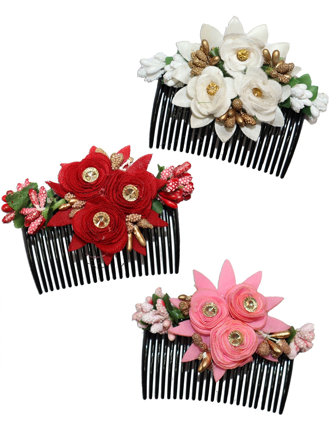 

VAGHBHATT Women Black & Red Flower Side Comb Pack of 3