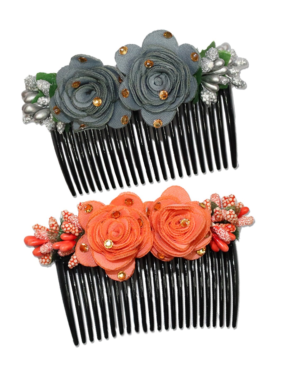 

VAGHBHATT Women Set of 2 Floral Embellished Comb Pins, Grey