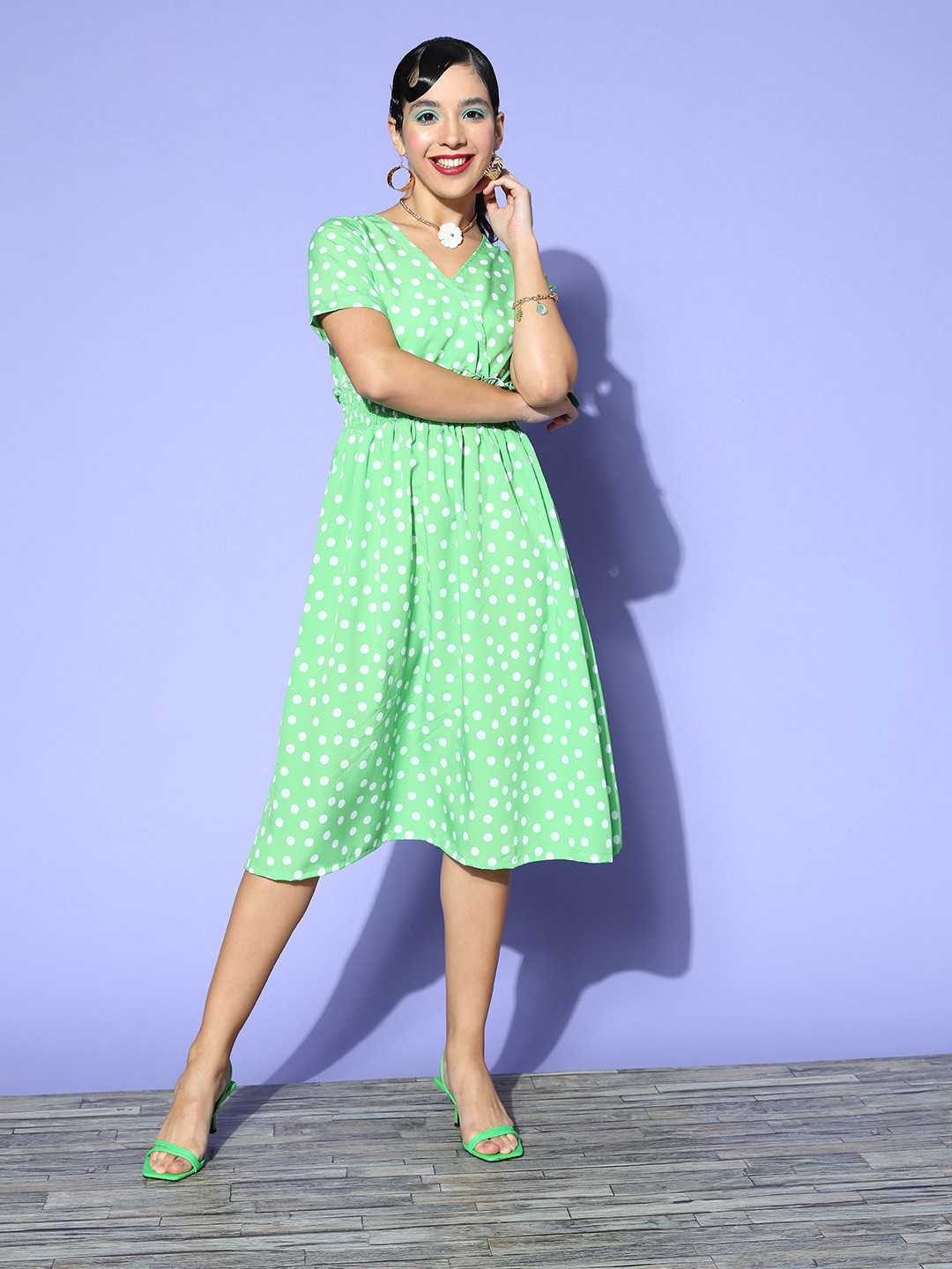 

plusS Green & White Printed A-Line Midi Dress