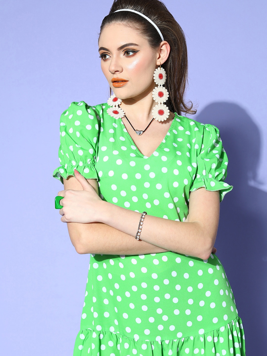 

plusS Green & White Printed A-Line Midi Dress