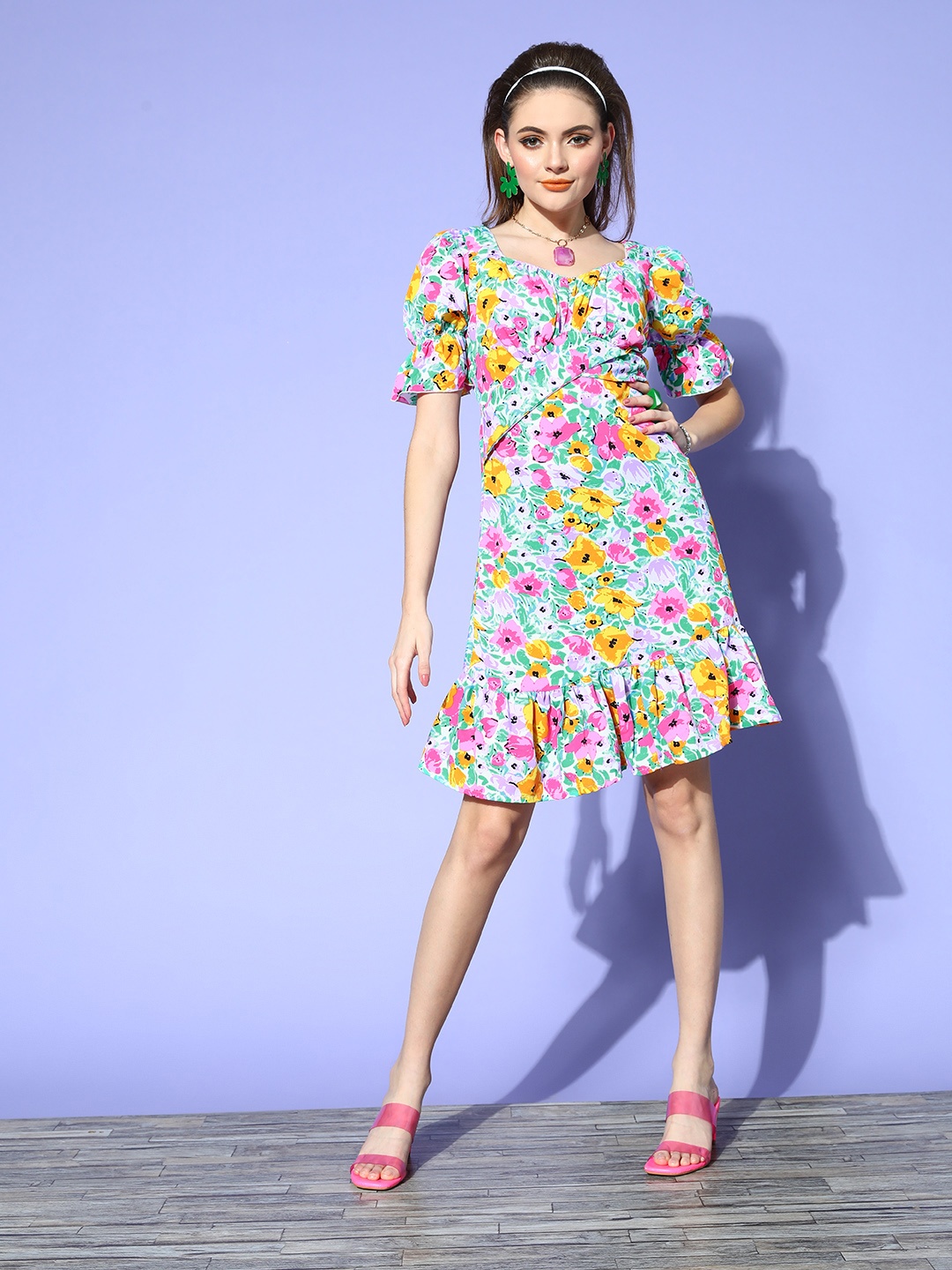 

plusS Turquoise Blue & Pink Floral A-Line Dress