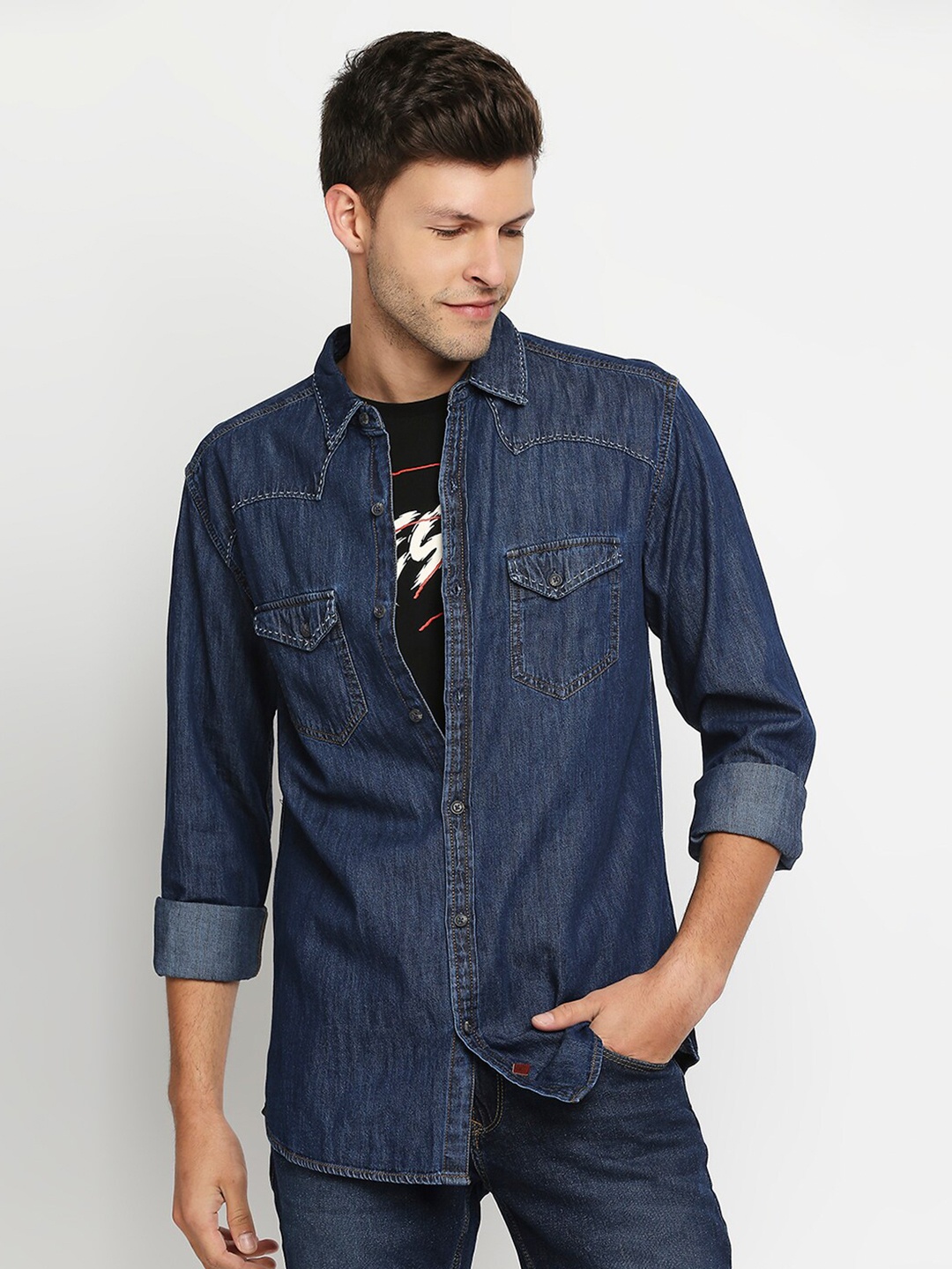 

SPYKAR Men Navy Blue Slim Fit Casual Denim Shirt