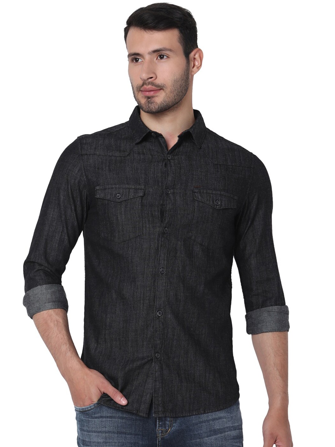 

SPYKAR Men Black Slim Fit Cotton Casual Shirt