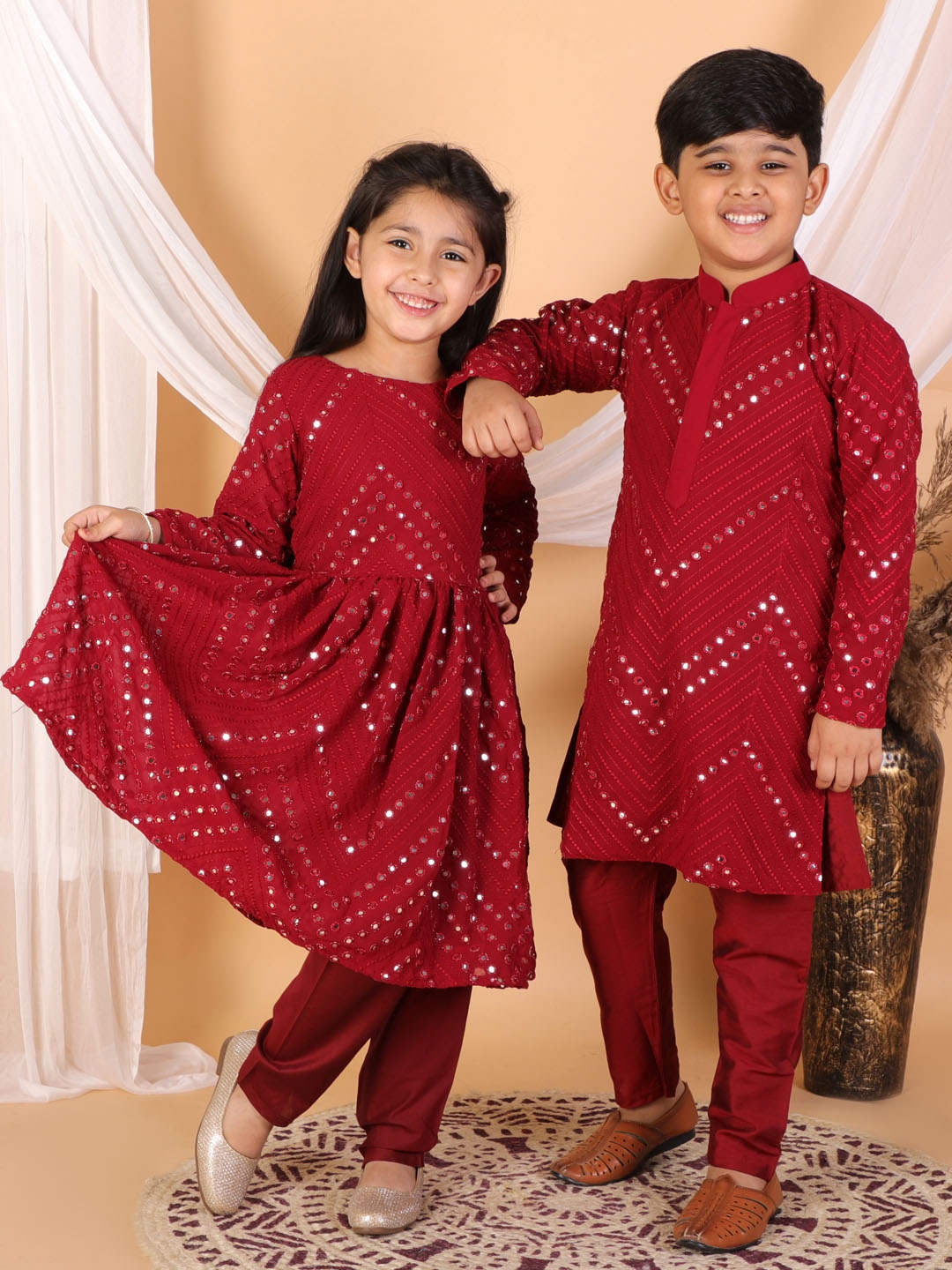 

VASTRAMAY Girls Maroon Mirror Work Anarkali Kurta set