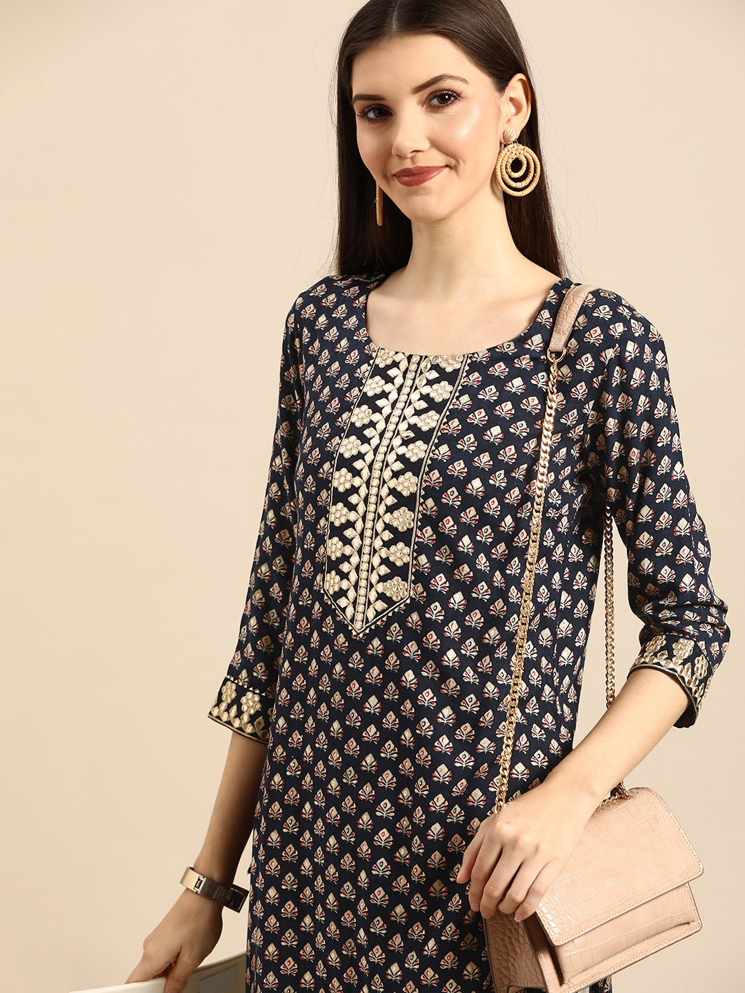 

Anouk Women Navy Blue Ethnic Motifs Printed Kurta