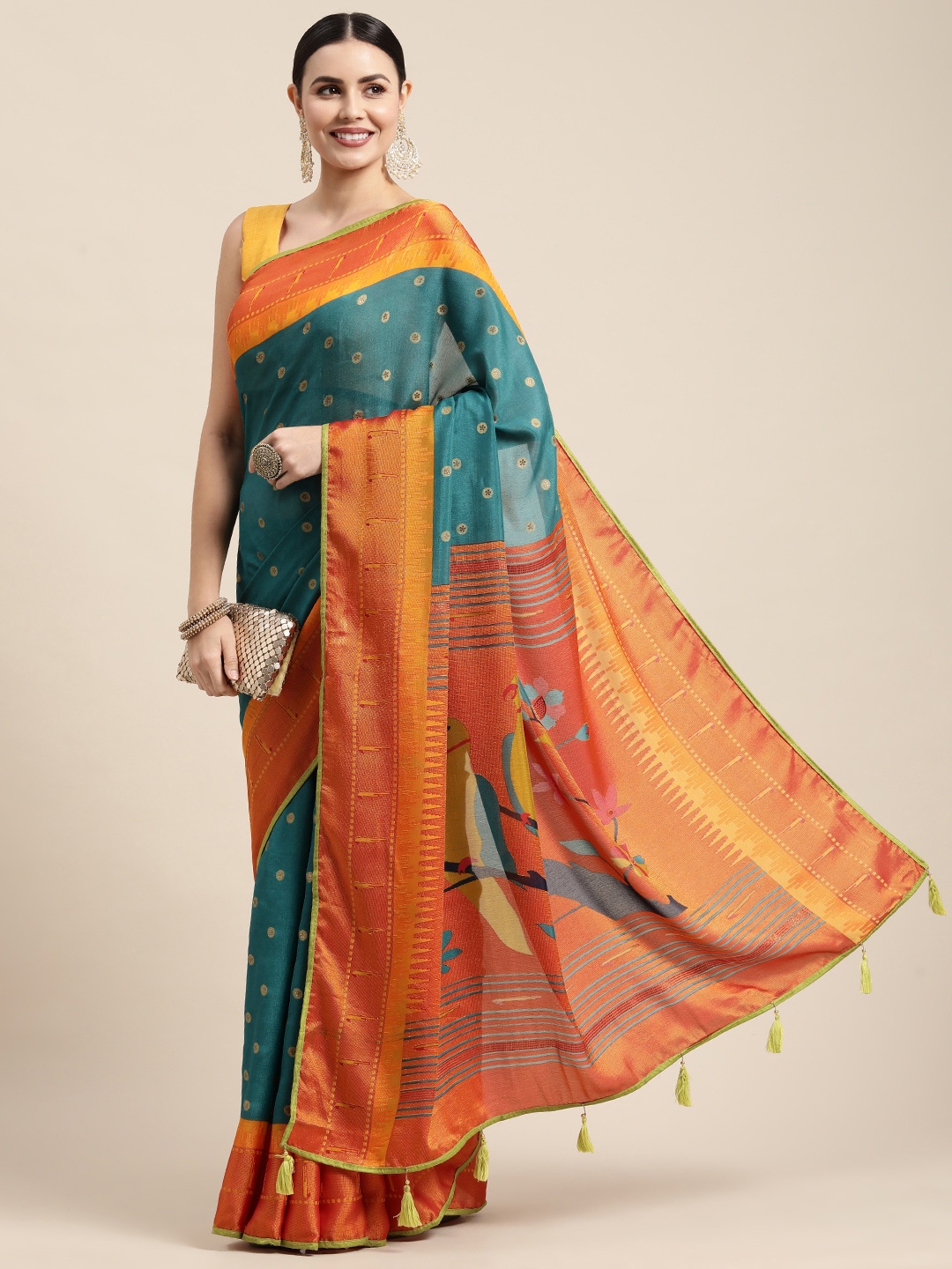 

Mitera Teal & Orange Brasso Paithani Saree