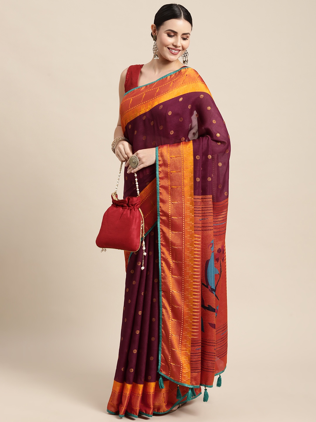 

Mitera Maroon & Orange Brasso Paithani Saree