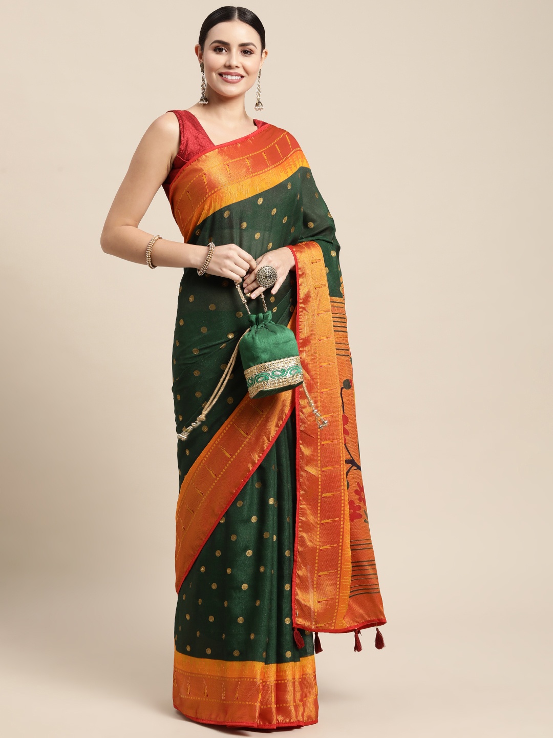 

Mitera Green & Orange Brasso Paithani Saree