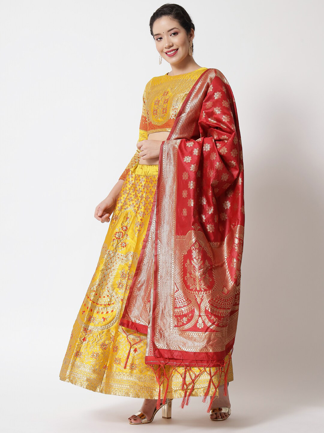 

Mitera Yellow & Red Semi-Stitched Lehenga & Unstitched Blouse With Dupatta
