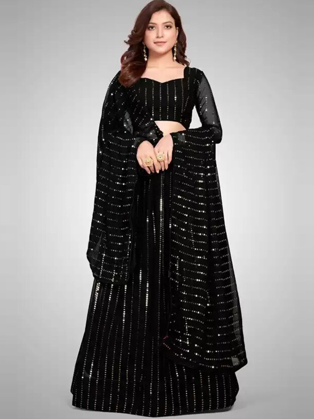 

Fashionuma Black Embroidered Sequinned Semi-Stitched Lehenga & Unstitched Blouse With Dupatta
