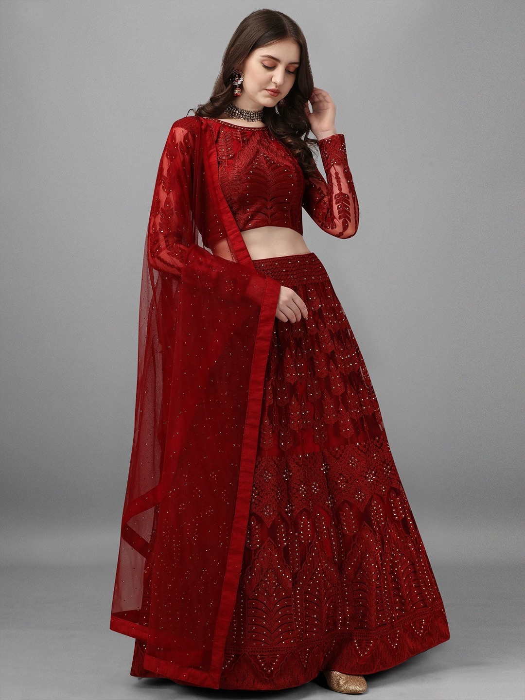 

Fashionuma Red Embroidered Patchwork Semi-Stitched Lehenga & Unstitched Blouse With Dupatta