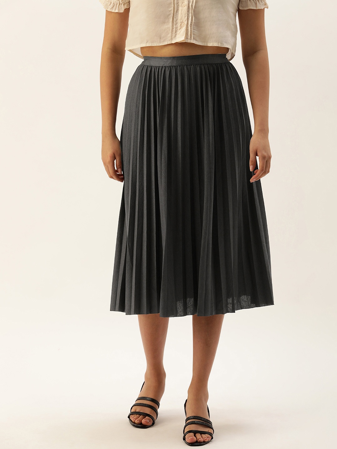 

SHECZZAR Charcoal Grey Accordion Pleat Flared Midi Length Skirt