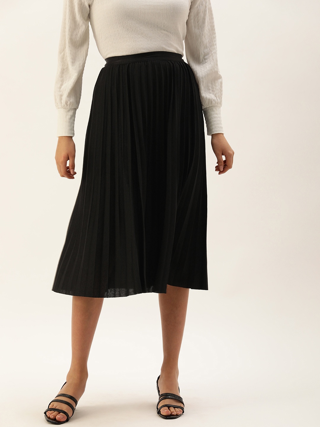 SHECZZAR Black Accordion Pleat Flared Midi Length Skirt
