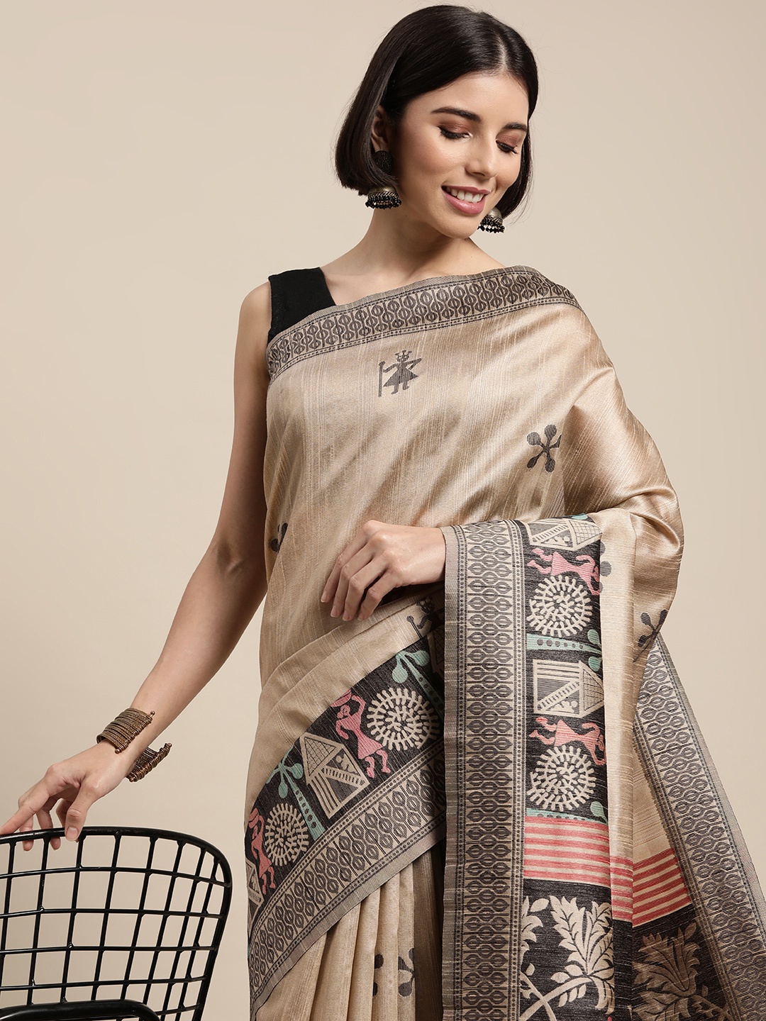 

Mitera Beige & Black Warli Silk Blend Saree
