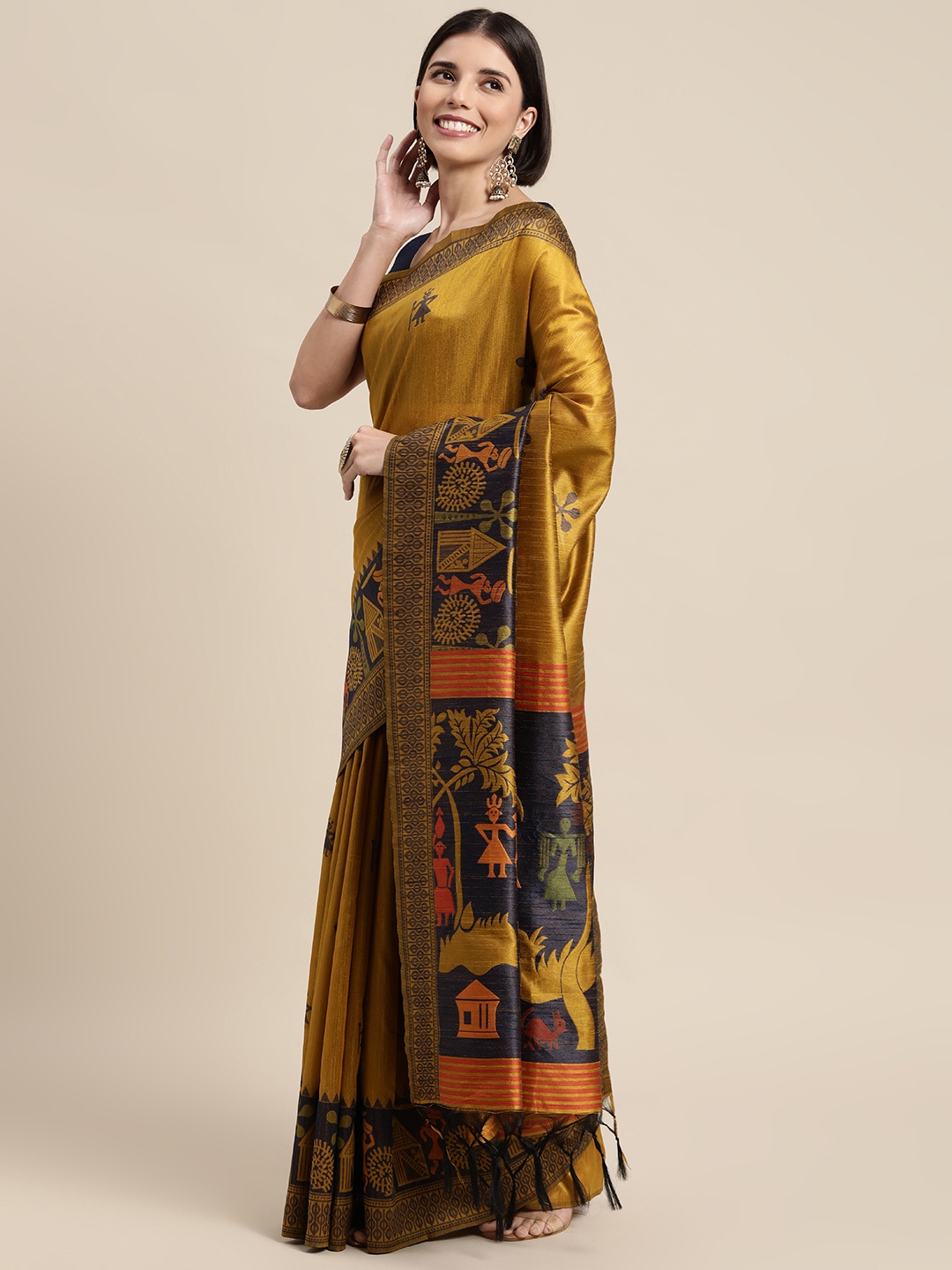 

Mitera Mustard & Navy Blue Warli Silk Blend Saree