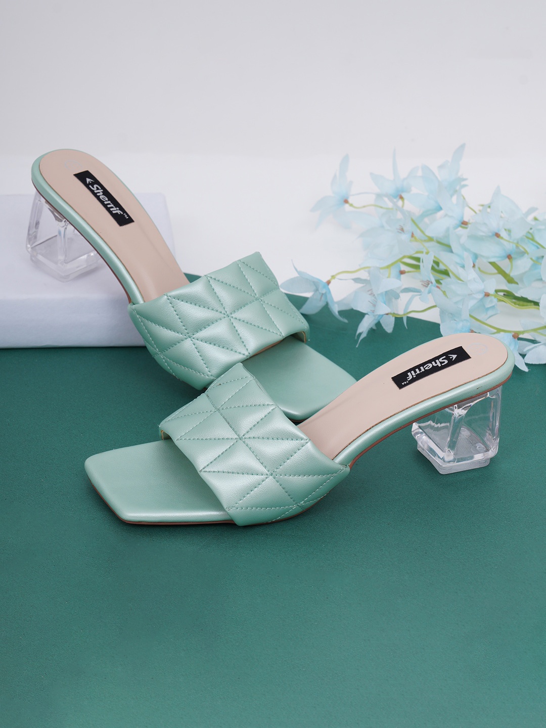 

Sherrif Shoes Green Party Block Mules with Buckles