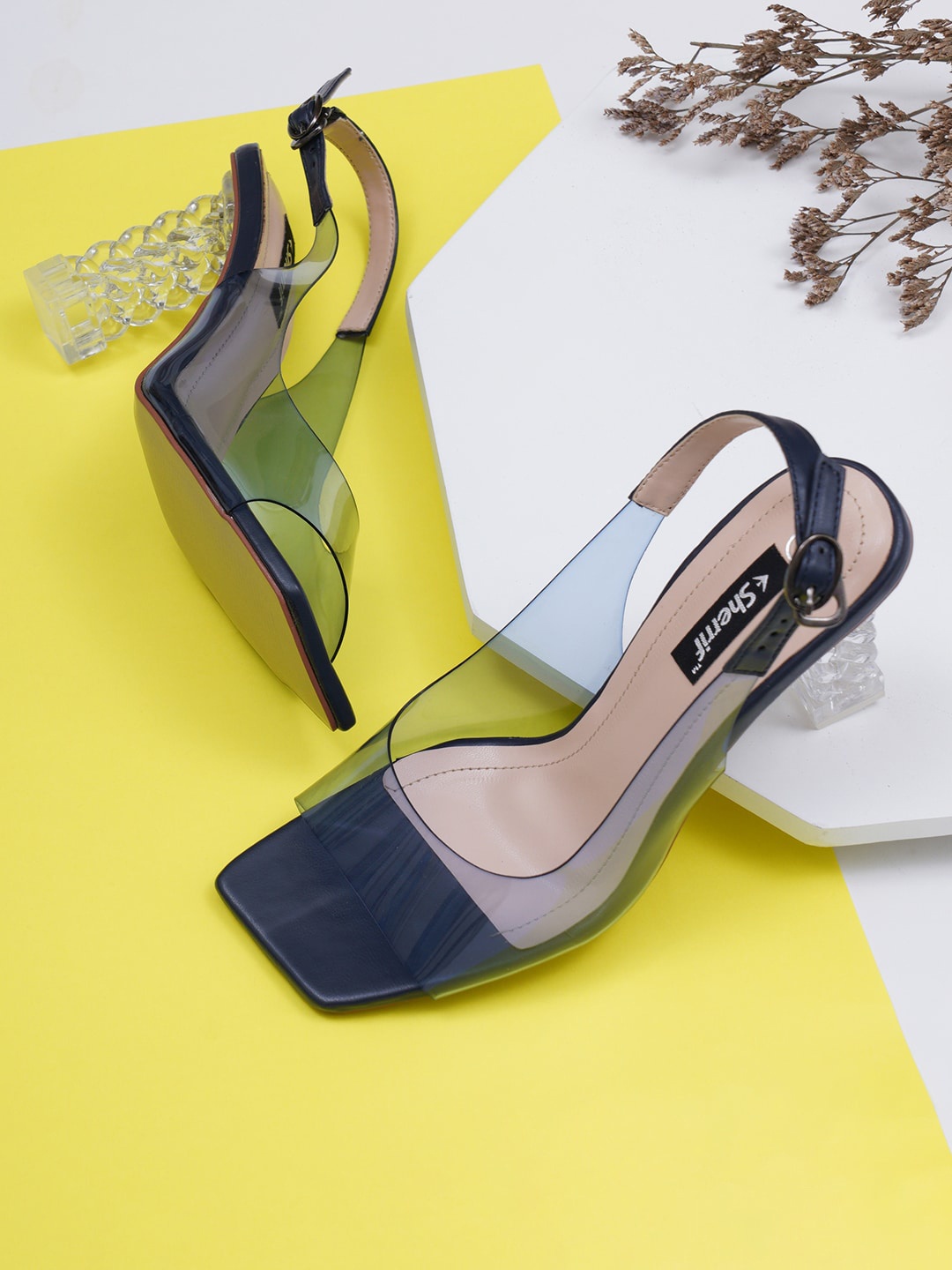 

Sherrif Shoes Navy Blue Printed Party Block Pumps with Buckles