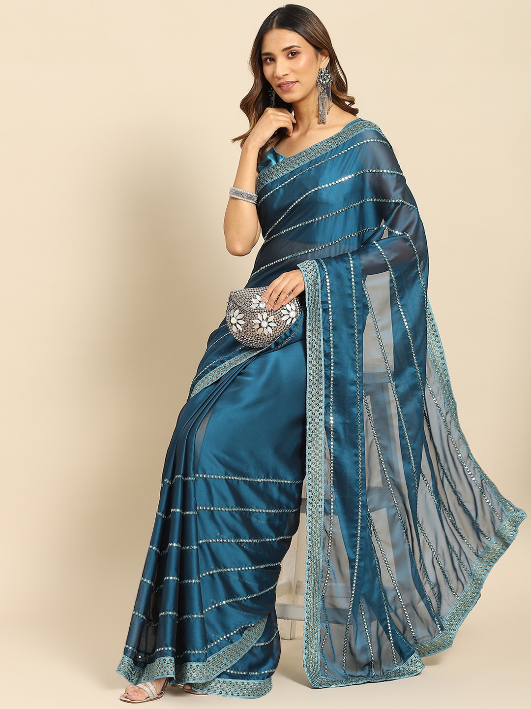 

all about you Teal Striped Mirror Work Saree