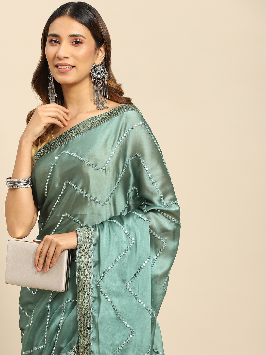 

all about you Green Striped Mirror Work Saree