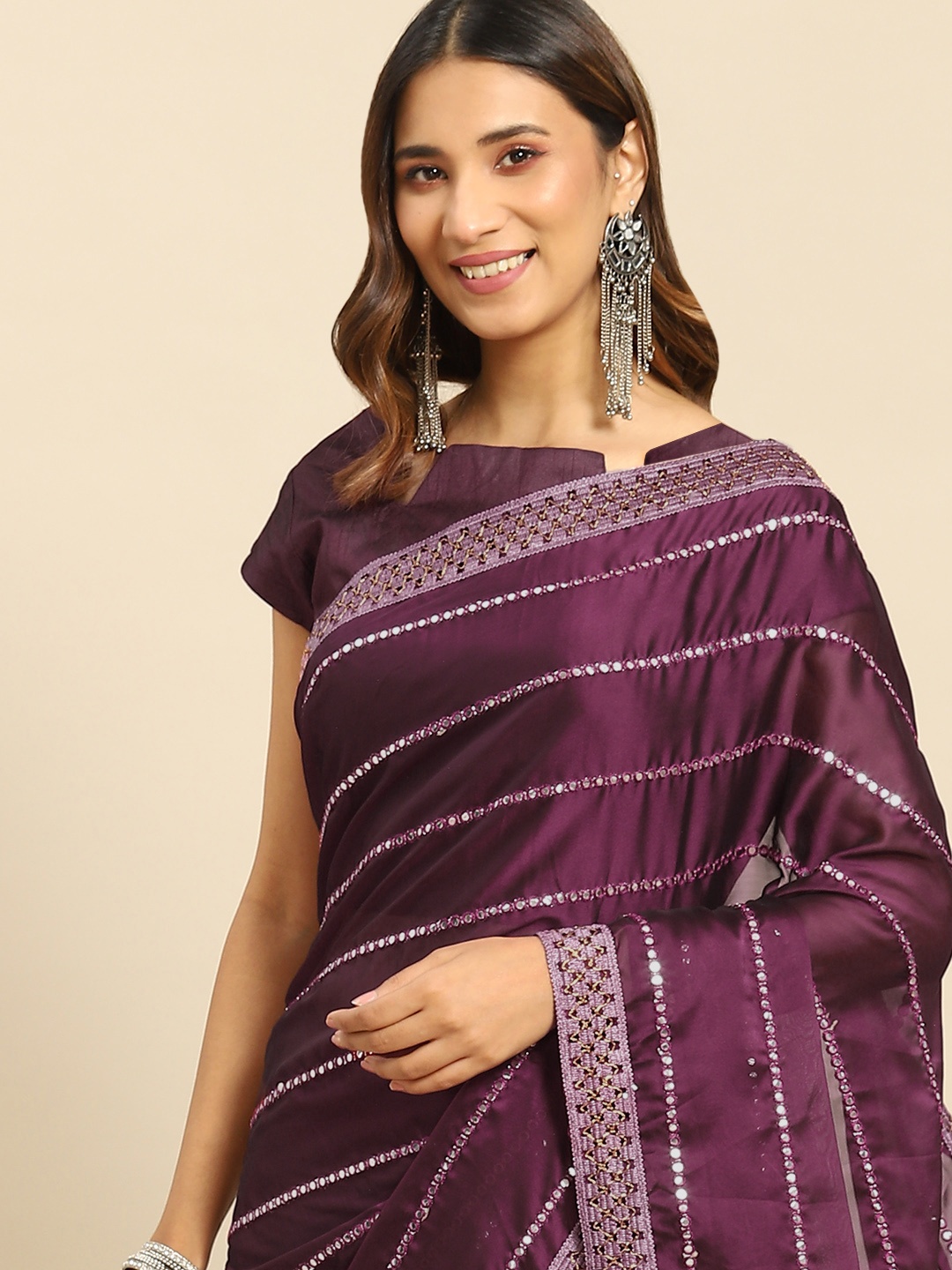 

all about you Magenta Striped Mirror Work Saree