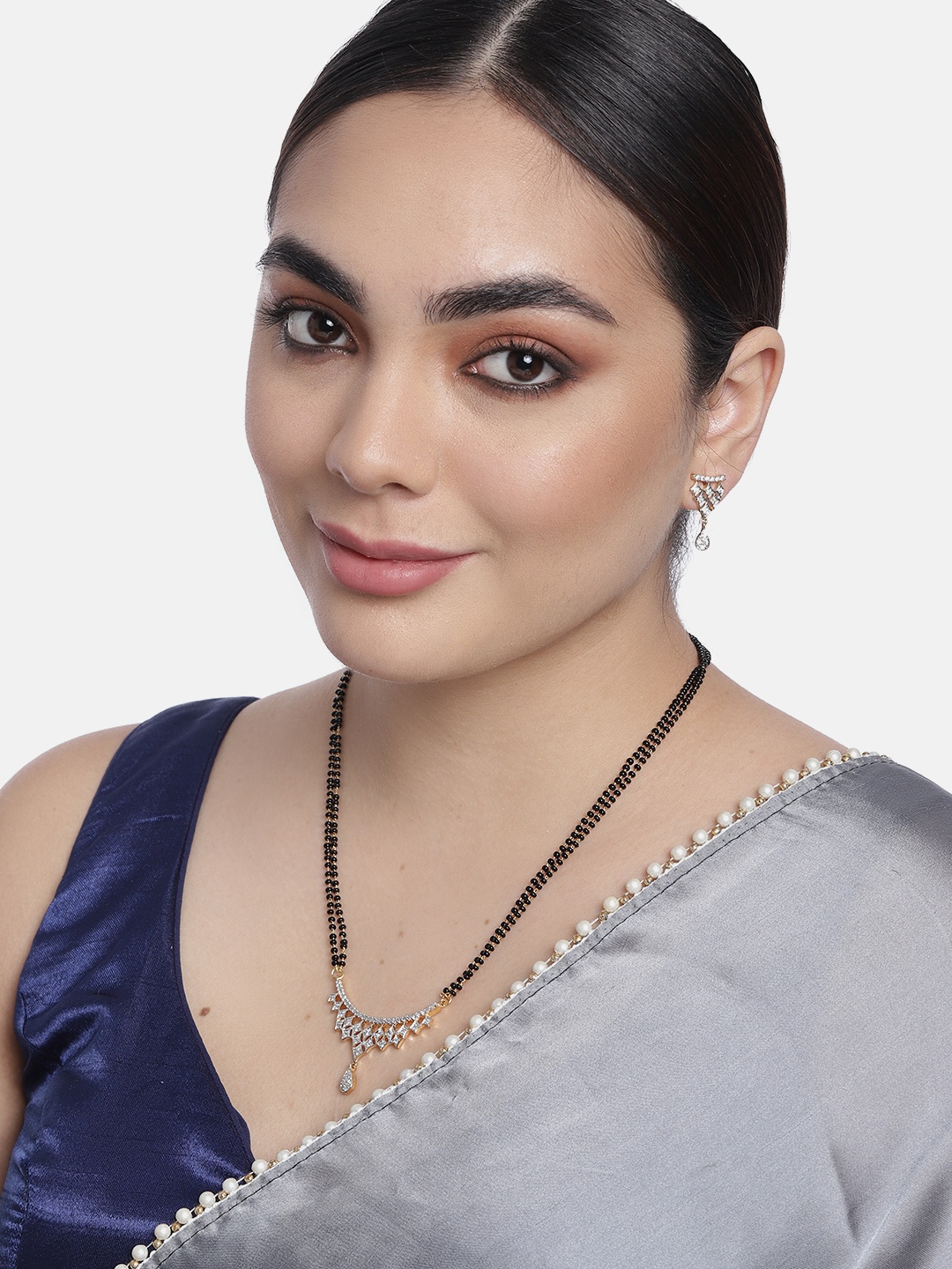 

LAIDA Gold-Plated AD-Studded Pendant & Balck Beaded Mangalsutra With Earrings