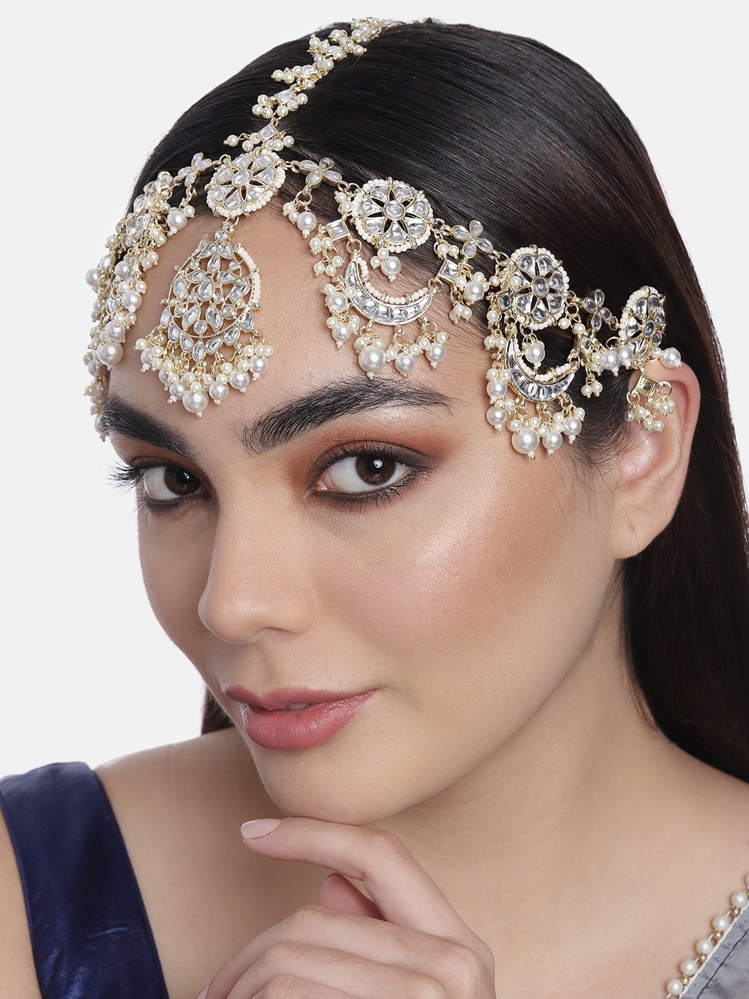 

LAIDA Gold-Plated Gold-Plated White Kundan-Studded & Beaded Sheeshphool