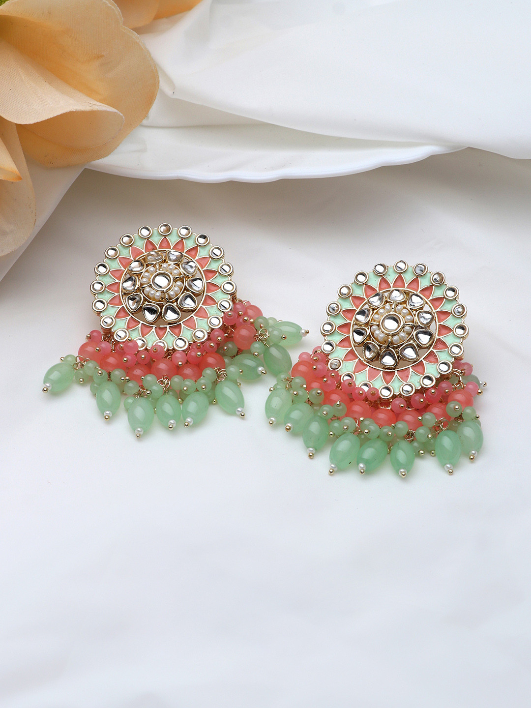 

LAIDA Peach-Coloured & Sea Green Circular Drop Earrings