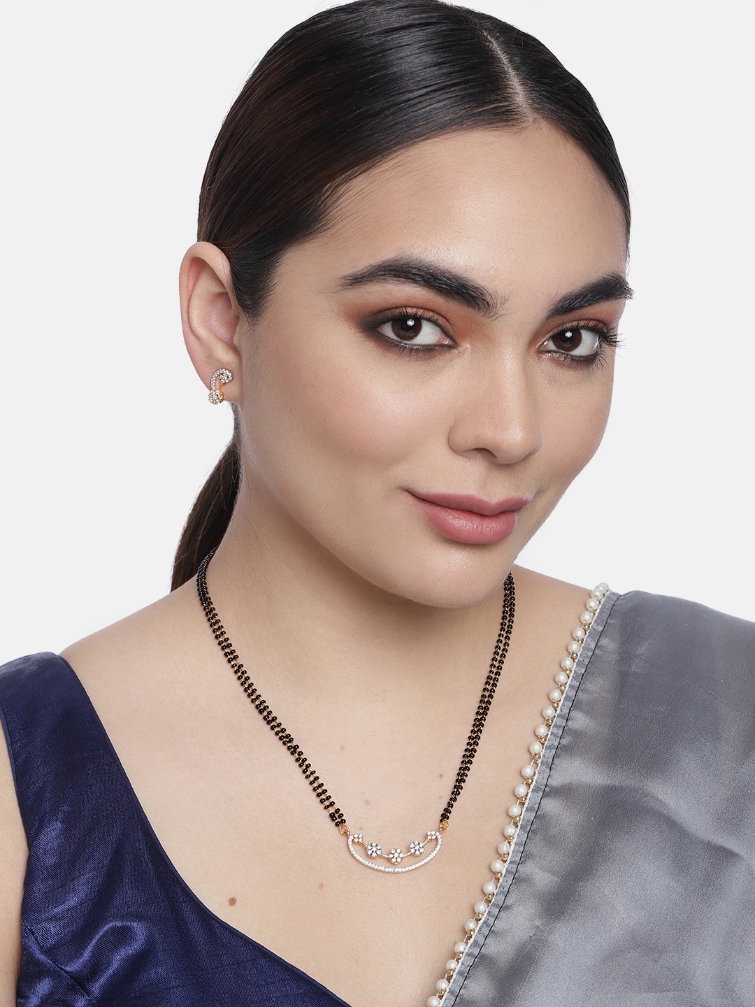 

LAIDA Gold-Plated & White AD-Studded Pendant & Beaded Mangalsutra With Earrings